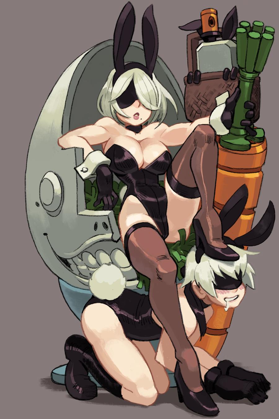 1boy 1girl alex_ahad all_fours animal_ears bare_shoulders basket black_footwear blush boots breasts bunnysuit cleavage crossdressinging drooling easter emil_(nier) fake_animal_ears gloves grey_background high_heels highres large_breasts leotard mole mole_under_mouth nier_(series) nier_automata parted_lips pod_(nier_automata) rabbit_ears reclining saliva short_hair silver_hair simple_background sitting stepped_on thigh-highs yorha_no._2_type_b yorha_no._9_type_s