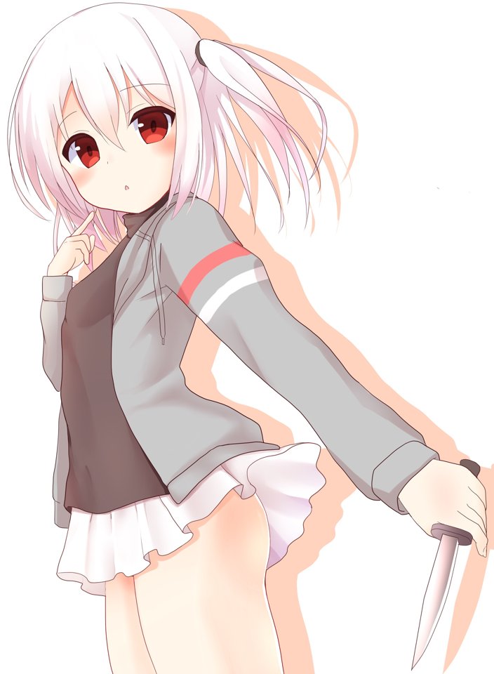 1girl commentary_request hanakoizumi_yoruno holding holding_knife hood hood_down hoodie knife long_sleeves looking_at_viewer medium_hair miniskirt open_clothes open_hoodie original parted_lips red_eyes side_ponytail skirt white_hair yoruno_hikari