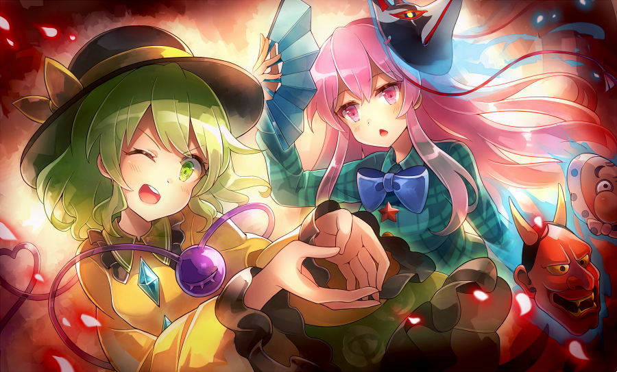 2girls 60mai :&lt; aqua_shirt arm_up aura bangs black_headwear blue_bow blue_neckwear blush bow bowtie breasts commentary_request eyebrows_visible_through_hair fan folding_fan fox_mask frilled_shirt_collar frilled_sleeves frills green_eyes green_hair hair_between_eyes hat hat_bow hata_no_kokoro heart heart_of_string holding holding_fan komeiji_koishi long_hair long_sleeves looking_at_viewer mask mask_on_head medium_breasts multiple_girls open_mouth pink_eyes pink_hair plaid plaid_shirt shirt short_hair small_breasts smile star tassel tengu_mask touhou v-shaped_eyebrows wide_sleeves yellow_bow yellow_shirt