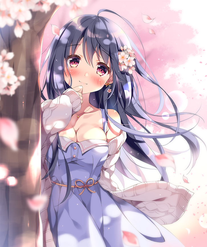 1girl bangs bare_shoulders black_hair blue_dress blurry blurry_foreground blush breasts cardigan cherry_blossoms cleavage closed_mouth collarbone commentary_request depth_of_field dress earrings eyebrows_visible_through_hair flower hair_between_eyes hair_flower hair_ornament hand_up head_tilt jewelry large_breasts long_hair long_sleeves open_cardigan open_clothes original pan_(mimi) petals pink_flower red_eyes sleeves_past_wrists smile solo strapless strapless_dress tree very_long_hair white_cardigan