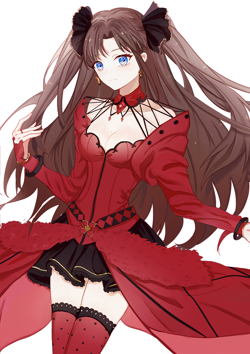 1girl black_skirt blue_eyes bracelet breasts brown_hair choker cleavage earrings fate/stay_night fate_(series) frilled_skirt frills hair_ornament jewelry long_hair long_sleeves looking_at_viewer medium_breasts miniskirt pleated_skirt polka_dot polka_dot_legwear red_legwear ring simple_background skirt solo thigh-highs tohsaka_rin twintails very_long_hair white_background yutsuki_(pixiv4894196) zettai_ryouiki