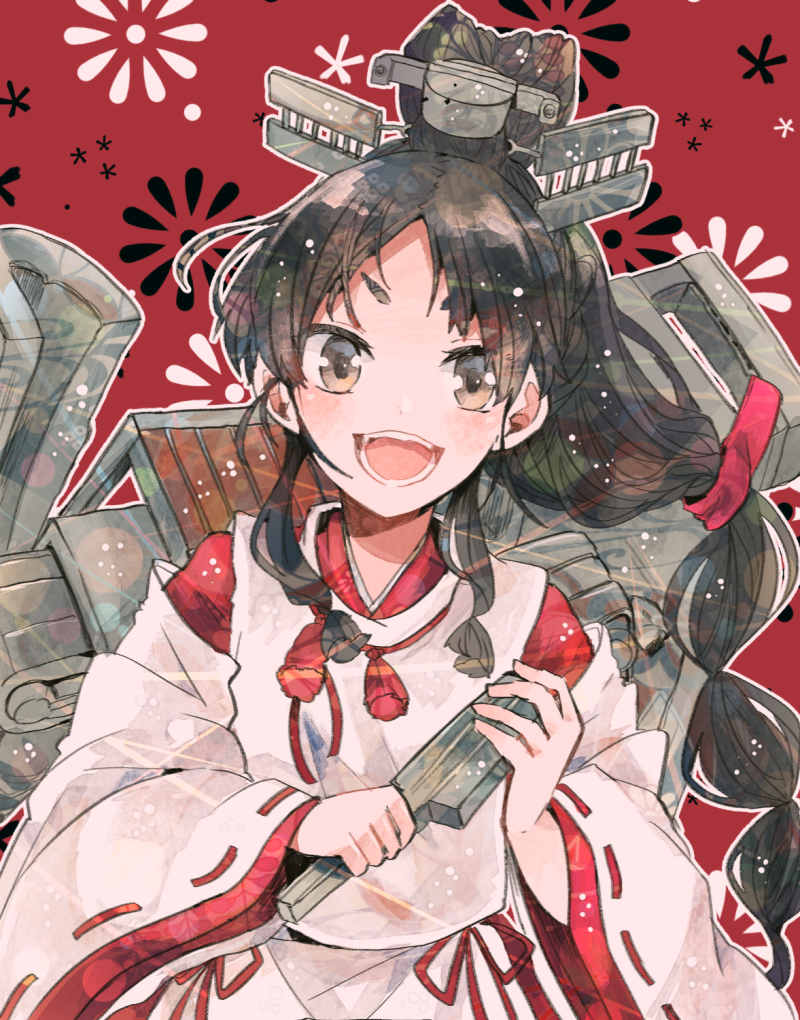 1girl black_hair brown_eyes closed_fan cowboy_shot fan floral_background folding_fan hair_tie high_ponytail itomugi-kun japanese_clothes kantai_collection kariginu long_hair long_sleeves looking_at_viewer miko multi-tied_hair nisshin_(kantai_collection) open_mouth red_background red_ribbon ribbon short_eyebrows smile solo teeth thick_eyebrows very_long_hair wide_sleeves