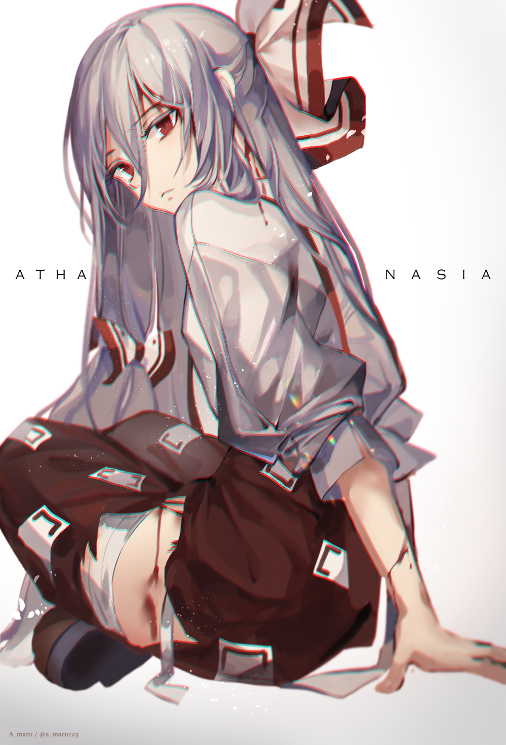 1girl arm_support bandage bandaged_leg bandages bangs blood bow brown_footwear commentary_request eyebrows_visible_through_hair fujiwara_no_mokou gradient gradient_background grey_background hair_between_eyes hair_bow head_tilt highres indian_style long_hair long_sleeves looking_at_viewer ofuda pants red_eyes red_pants shoes silver_hair sitting solo suspenders torn_clothes torn_pants touhou unity_(ekvmsp02) very_long_hair white_bow