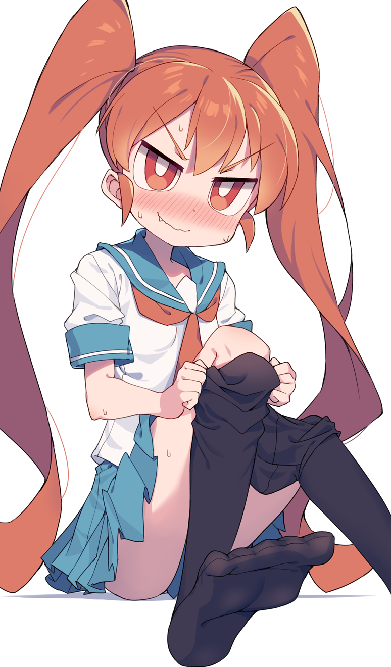 1girl bangs black_legwear blue_sailor_collar blue_skirt blush brown_hair brown_neckwear closed_mouth commentary_request eyebrows_visible_through_hair fang fang_out hair_between_eyes highres long_hair nervous_smile nose_blush pantyhose pantyhose_pull pleated_skirt red_eyes sailor_collar school_uniform serafuku shadow shirt short_sleeves sitting skirt solo twintails ueno-san_wa_bukiyou ueno_(ueno-san_wa_bukiyou) v-shaped_eyebrows very_long_hair wagashi928 wavy_mouth white_background white_shirt