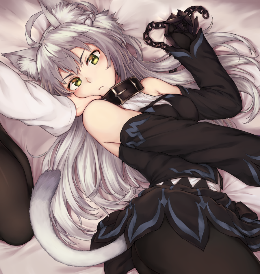 1girl ahoge animal_ears atalanta_(alter)_(fate) atalanta_(fate) cold_(hoshinoskull) collar detached_sleeves fate/grand_order fate_(series) green_eyes hand_on_another's_face long_hair on_bed pantyhose tail white_hair