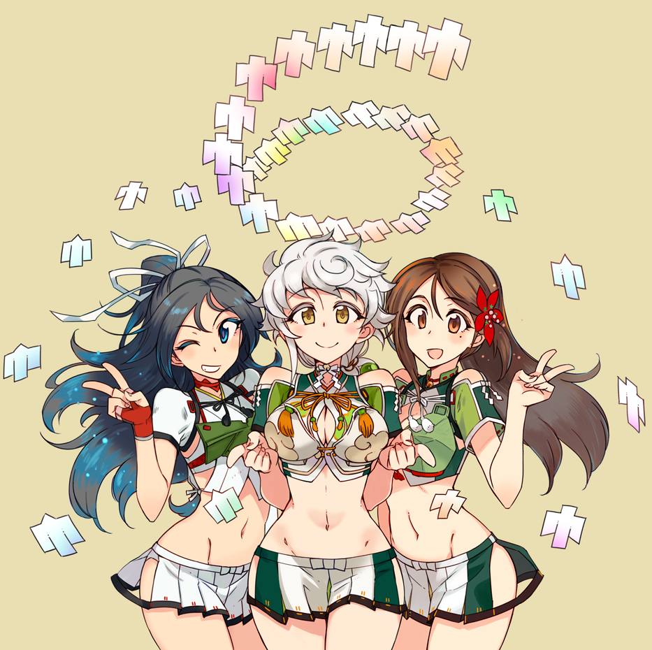 3girls :d amagi_(kantai_collection) asymmetrical_hair bangs black_hair blue_eyes braid breasts brown_eyes brown_hair cleavage_cutout cloud_print colored_eyelashes cowboy_shot crop_top detached_sleeves elbow_gloves eyebrows_visible_through_hair fingerless_gloves flower gloves gradient_hair grin hair_flower hair_ornament hair_ribbon high_ponytail hip_vent jitome kantai_collection katsuragi_(kantai_collection) kusanagi_tonbo large_breasts leaf_hair_ornament long_braid long_hair looking_at_viewer midriff mole mole_under_eye multicolored_hair multiple_girls navel one_eye_closed open_mouth parted_bangs pleated_skirt pointing pointing_at_viewer ponytail remodel_(kantai_collection) ribbon shikigami short_sleeves sidelocks silver_hair simple_background single_braid skirt small_breasts smile standing stomach thigh-highs thighs two-tone_hair unryuu_(kantai_collection) v very_long_hair wavy_hair white_ribbon wide_ponytail yellow_background yellow_eyes zettai_ryouiki