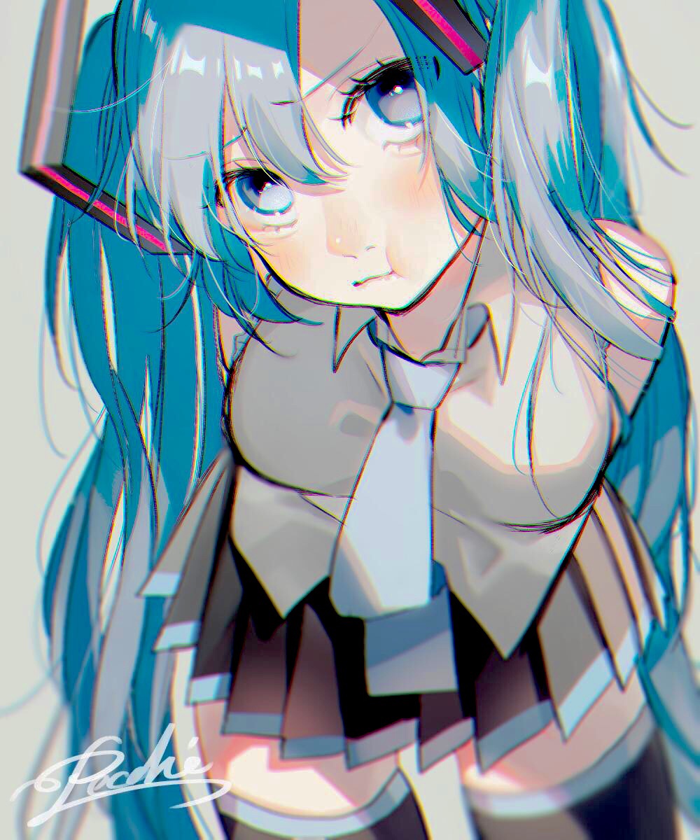 1girl :t bangs bare_shoulders black_skirt blue_eyes blue_hair blue_neckwear blurry breasts cowboy_shot depth_of_field eyebrows_visible_through_hair grey_background grey_shirt hair_between_eyes hatsune_miku head_tilt highres leaning leaning_forward long_hair looking_away medium_breasts necktie pecchii plaid plaid_skirt pout shirt short_bangs signature simple_background skirt sleeveless sleeveless_shirt solo thigh-highs thighs upper_body v-shaped_eyebrows very_long_hair vocaloid zettai_ryouiki