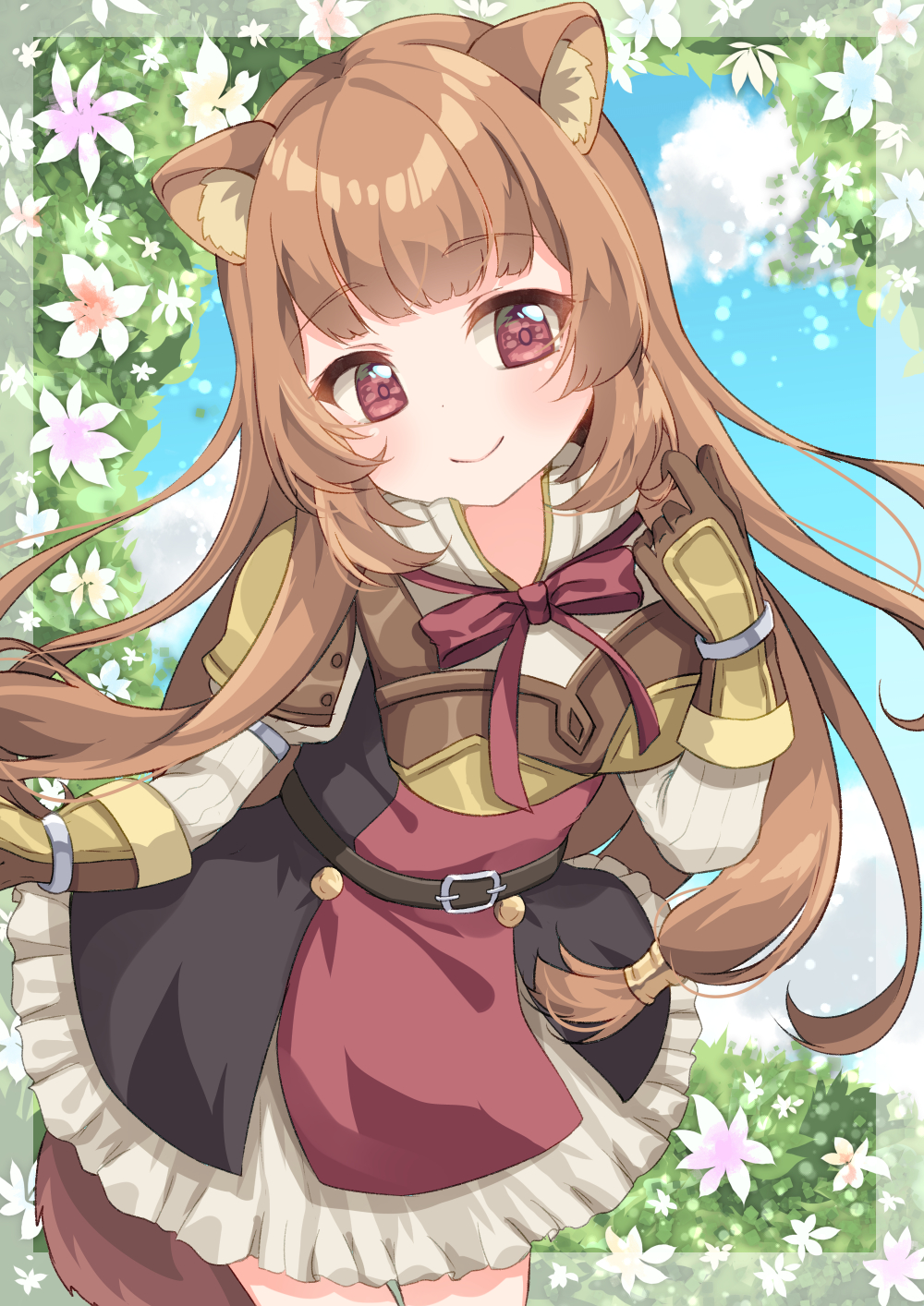 1girl animal_ear_fluff animal_ears belt black_dress blue_sky breasts brown_gloves brown_hair closed_mouth clouds commentary_request cowboy_shot day dress flower frills gloves hand_up highres long_hair looking_at_viewer medium_breasts neck_ribbon raccoon_ears raccoon_girl raccoon_tail raphtalia red_eyes red_neckwear ribbon sky smile solo standing suzu_(minagi) tail tate_no_yuusha_no_nariagari white_flower