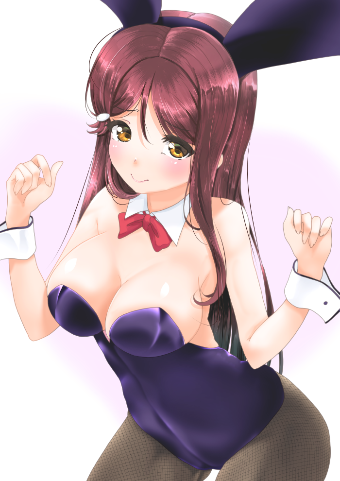 1girl animal_ears ass_visible_through_thighs blush bow bowtie breasts bunnysuit cleavage detached_collar fishnet_pantyhose fishnets frapowa groin long_hair love_live! love_live!_school_idol_project pantyhose purple_background purple_hair rabbit_ears smile solo wrist_cuffs yellow_eyes