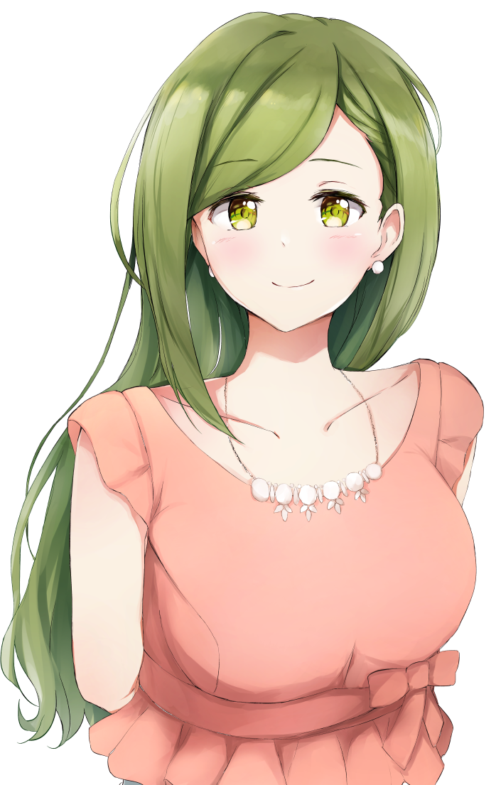1girl arms_behind_back bow earrings green_eyes green_hair idolmaster idolmaster_shiny_colors jewelry long_hair looking_at_viewer nanakusa_hazuki necklace neofreet pearl_earrings pink_bow pink_shirt shirt short_sleeves simple_background smile solo standing upper_body white_background
