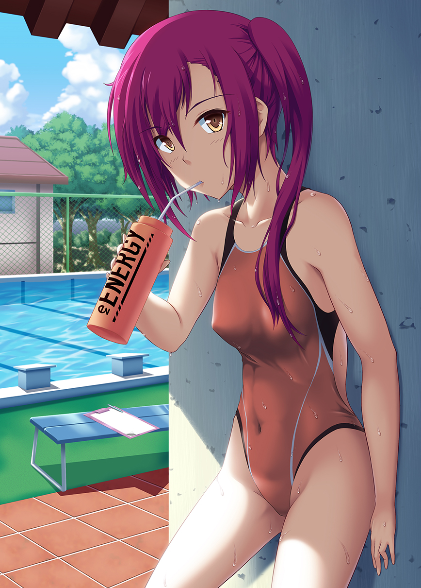 1girl bench blue_sky bottle breasts brown_eyes chain-link_fence choukou_shinki_ixseal clipboard clouds commentary_request competition_swimsuit covered_navel cowboy_shot day drinking_straw fence hair_between_eyes highres house houshou_kirika long_hair looking_at_viewer mottio one-piece_swimsuit outdoors pool redhead side_ponytail sky small_breasts solo swimsuit tree water_bottle wet wet_clothes wet_swimsuit