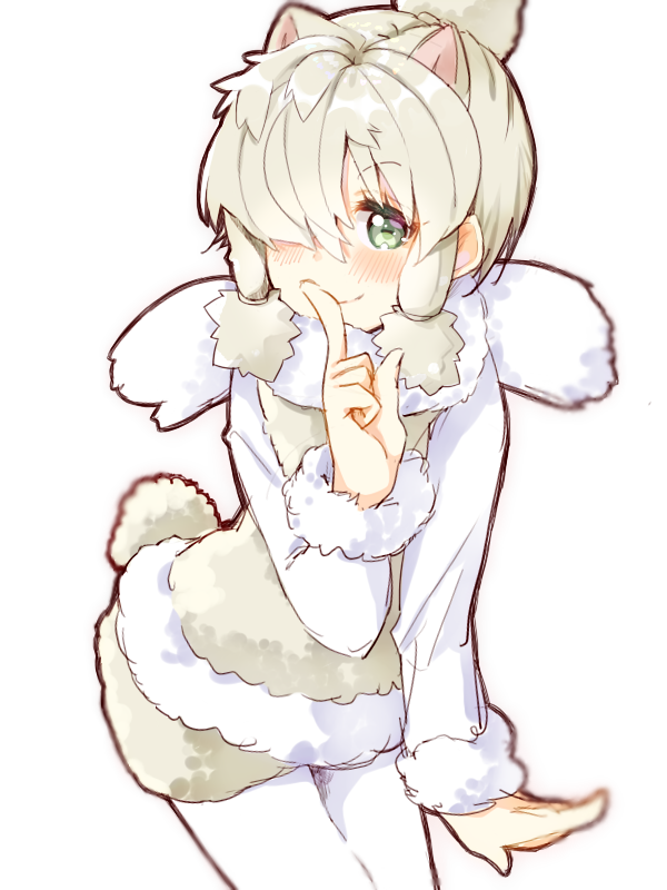 1girl alpaca_ears alpaca_suri_(kemono_friends) alpaca_tail animal_ears bangs blonde_hair blush bodystocking closed_mouth commentary_request cowboy_shot extra_ears eyebrows_visible_through_hair eyes_visible_through_hair finger_to_mouth fur-trimmed_sleeves fur_scarf fur_trim green_eyes hair_bun hair_over_one_eye hand_up index_finger_raised kemono_friends long_sleeves looking_at_viewer medium_hair neginoki outstretched_arm outstretched_hand platinum_blonde_hair scarf shorts shushing sidelocks simple_background smile solo sweater_vest tail white_background