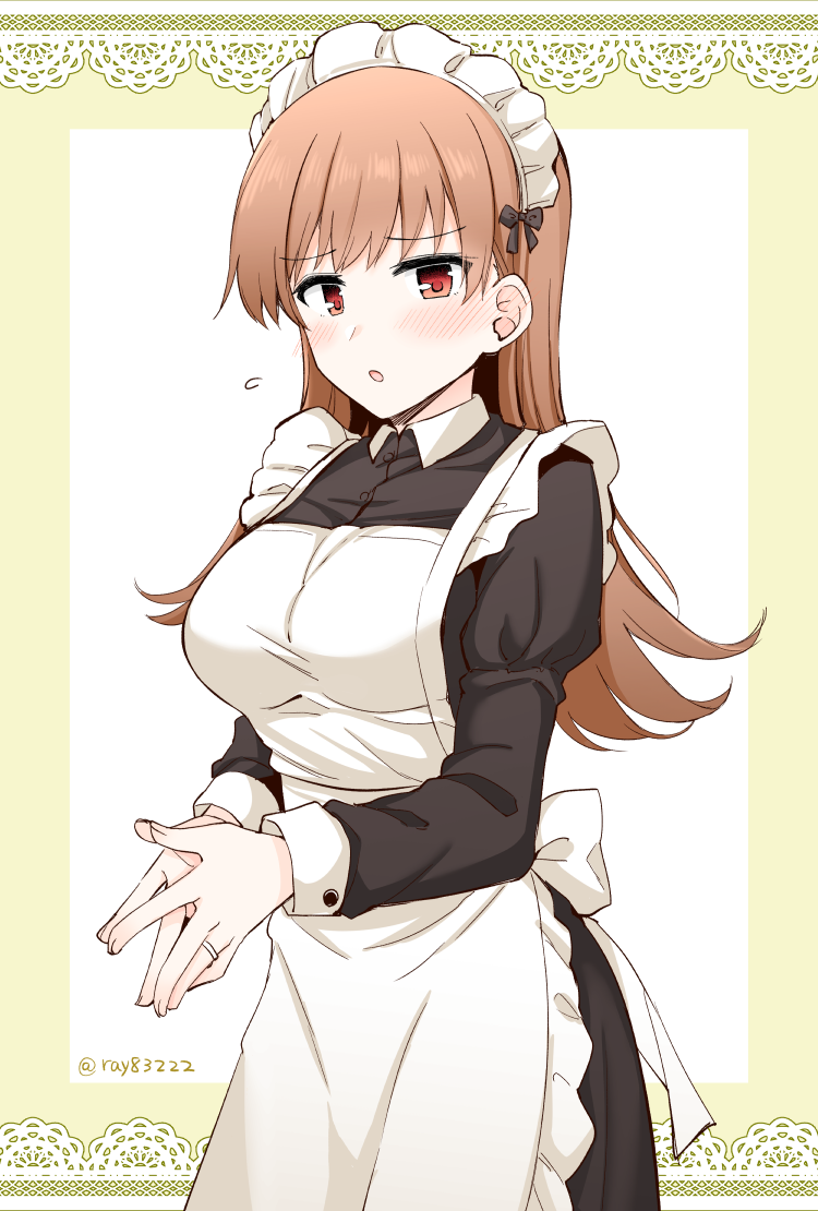 1girl alternate_costume apron black_dress blush breasts brown_hair cowboy_shot dress enmaided jewelry kantai_collection large_breasts long_hair long_sleeves maid maid_apron maid_headdress ooi_(kantai_collection) puffy_long_sleeves puffy_sleeves red_eyes ring rui_shi_(rayze_ray) solo standing wedding_band white_apron
