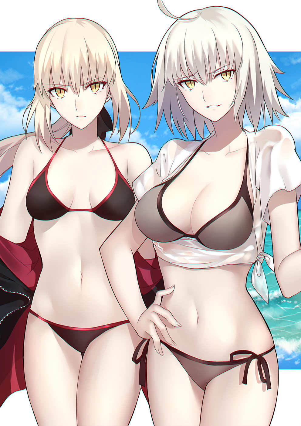2girls ahoge artoria_pendragon_(all) bikini black_bikini breasts cleavage closed_mouth cowboy_shot day eyebrows_visible_through_hair fate/grand_order fate_(series) grey_background hand_on_hip highres jacket jeanne_d'arc_(alter)_(fate) jeanne_d'arc_(fate)_(all) long_hair low_ponytail medium_breasts multiple_girls navel off_shoulder open_clothes open_jacket outdoors outside_border parted_lips saber_alter shiguru shirt short_hair side-tie_bikini small_breasts smile swimsuit thigh_gap tied_shirt white_hair yellow_eyes