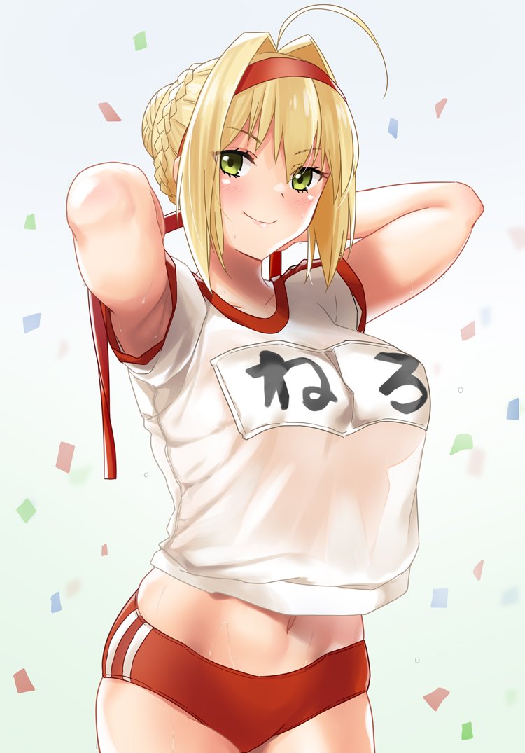 &gt;:) 1girl ahoge armpits arms_up bangs blonde_hair blush braid breasts buruma closed_mouth confetti cowboy_shot eyebrows_visible_through_hair fate/grand_order fate_(series) gachou gradient gradient_background green_eyes grey_background gym_shirt gym_uniform hair_bun hair_intakes hairband large_breasts looking_at_viewer name_tag navel nero_claudius_(fate) nero_claudius_(fate)_(all) red_buruma red_hairband see-through shirt short_hair short_sleeves smile solo stomach sweat v-shaped_eyebrows white_shirt