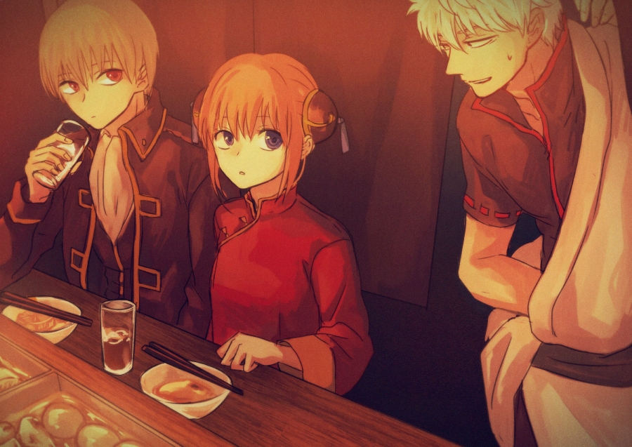 1girl 2boys black_jacket black_shirt blazer blue_eyes brown_hair china_dress chinese_clothes chopsticks clothes_down collarbone cup double_bun dress food gintama holding holding_cup jacket japanese_clothes kagura_(gintama) kimono long_sleeves multiple_boys noodles okita_sougo open_blazer open_clothes open_jacket open_mouth ramen red_dress red_eyes ribbon-trimmed_shirt sakata_gintoki shinsengumi_(gintama) shirt short_hair short_sleeves silver_hair sitting sweatdrop szzz_k white_kimono white_neckwear