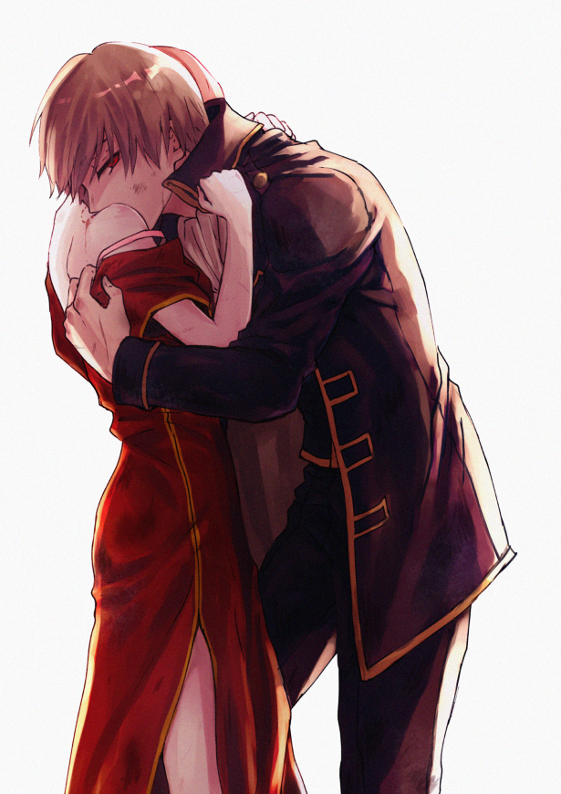 1girl bite_mark black_jacket black_pants bow brown_hair bruise_on_face couple dress from_side gintama jacket kagura_(gintama) long_sleeves looking_at_viewer off_shoulder okita_sougo pants red_dress red_eyes shinsengumi_(gintama) shiny shiny_hair short_hair short_sleeves side_slit simple_background standing szzz_k white_background