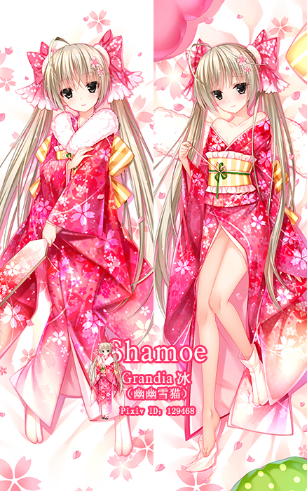 1girl animal_ears artist_name barefoot breasts brown_eyes cherry_blossoms closed_mouth dakimakura dress full_body grandia_bing hair_ornament kasugano_sora long_hair looking_at_viewer lying smile solo thigh-highs twintails yosuga_no_sora