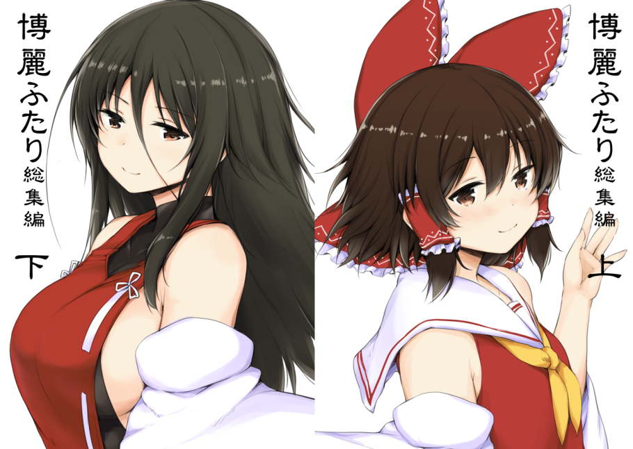 2girls bangs bare_shoulders black_hair blush bow breasts brown_eyes brown_hair collared_shirt detached_sleeves frilled_shirt_collar frills hair_bow hair_tubes hakurei_reimu japanese_clothes large_breasts leotard lockheart long_hair looking_at_viewer multiple_girls nontraditional_miko red_eyes red_shirt sendai_hakurei_no_miko shirt sideboob sidelocks sleeveless sleeveless_shirt small_breasts smile touhou upper_body yellow_neckwear