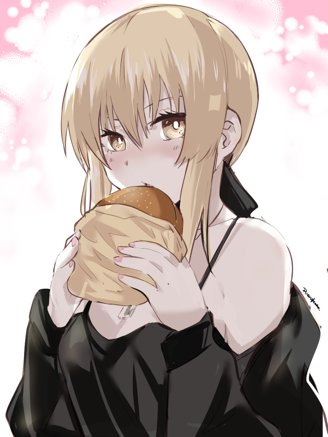 1girl artoria_pendragon_(all) black_jacket black_ribbon black_shirt blonde_hair blush breasts cleavage clothes_down collarbone eating fate/stay_night fate_(series) food hair_between_eyes hair_ribbon hamburger highres holding holding_food jacket jewelry lava123 looking_at_viewer necklace open_clothes open_jacket ribbon saber_alter shirt short_hair sidelocks signature sleeveless sleeveless_shirt small_breasts solo upper_body white_background yellow_eyes