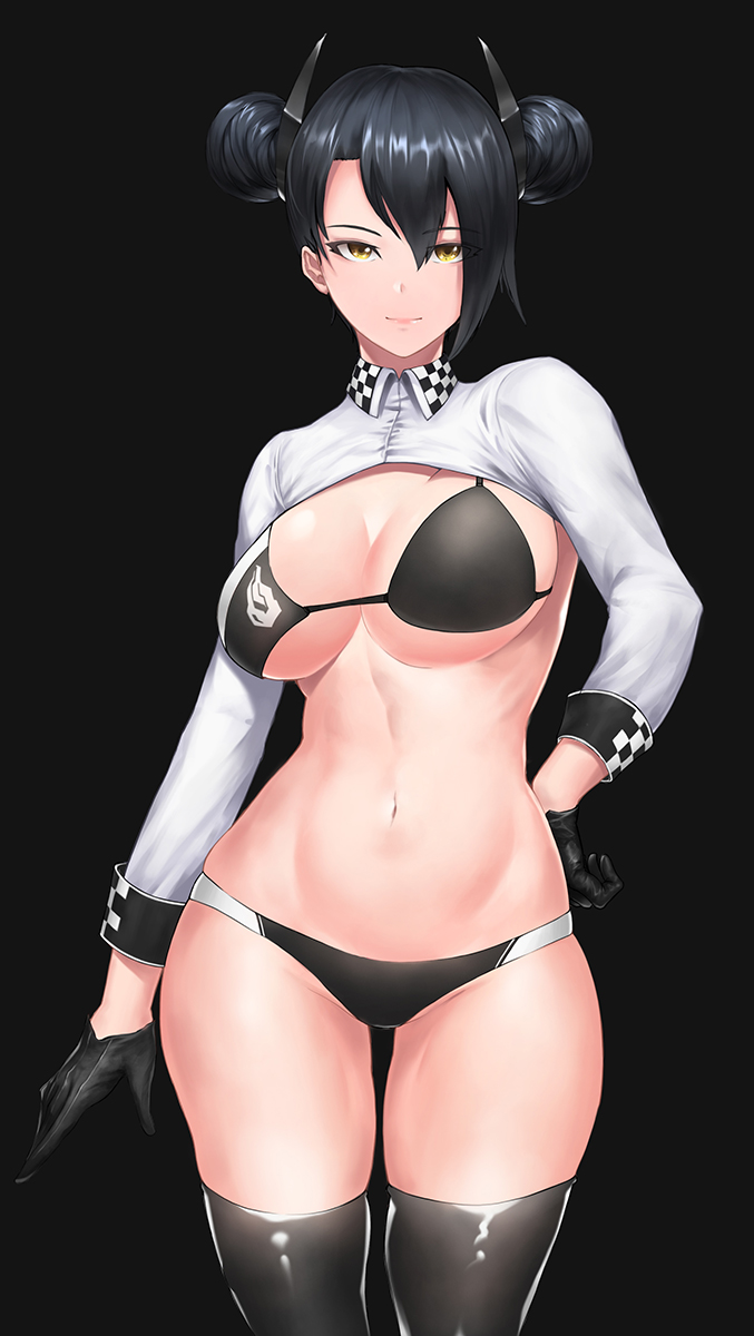 1girl agent_(girls_frontline) bangs bikini black_bikini black_gloves black_hair black_legwear breasts closed_mouth contrapposto double_bun girls_frontline gloves hair_between_eyes hand_on_hip headgear highres large_breasts long_hair looking_at_viewer maid navel racequeen rotten_pollack sangvis_ferri shrug_(clothing) sidelocks sleeve_cuffs smile solo standing stomach swimsuit thigh-highs wide_hips yellow_eyes