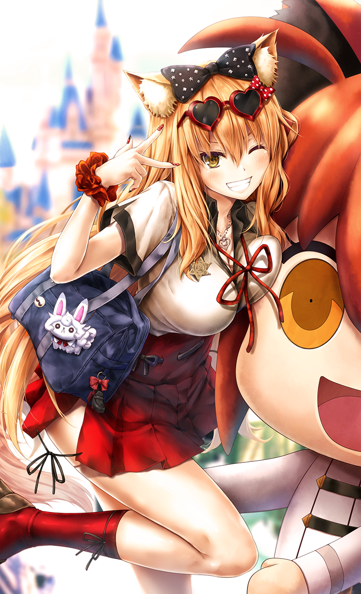 1girl amusement_park animal_ear_fluff animal_ears bangs black_bow blonde_hair blurry blurry_background blush boots bow breasts collared_blouse day disneyland eyebrows_visible_through_hair eyewear_on_head fate/extra fate/extra_ccc fate/extra_ccc_fox_tail fate_(series) fox_ears fox_tail grin hair_between_eyes hair_bow heart heart-shaped_eyewear heart_necklace high-waist_skirt highres large_breasts leg_up long_hair looking_at_viewer nail_art nail_polish neck_ribbon one_eye_closed outdoors red_footwear red_nails red_neckwear red_ribbon red_skirt ribbon scrunchie short_sleeves sidelocks skirt smile solo suien suzuka_gozen_(fate) tail w wrist_scrunchie yellow_eyes