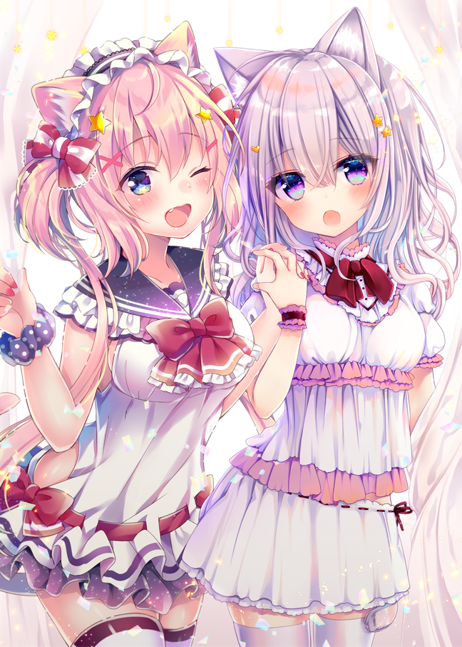 2girls ;d animal_ear_fluff animal_ears black_hairband black_scrunchie blush breasts cat_ears cat_girl cat_tail commentary_request curtains dress fang fingernails frilled_hairband frills hair_ornament hairband hairclip hand_holding interlocked_fingers konno_kengo long_hair medium_breasts multiple_girls nail_polish one_eye_closed open_mouth original pink_hair pleated_dress polka_dot polka_dot_scrunchie puffy_short_sleeves puffy_sleeves red_nails scrunchie short_sleeves silver_hair small_breasts smile star star_hair_ornament tail tail_raised thigh-highs two_side_up white_dress white_legwear wrist_cuffs wrist_scrunchie