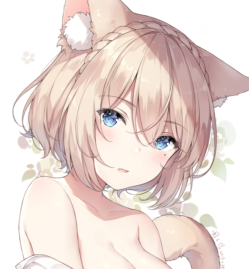 1girl animal_ears ayuanlv bangs bare_shoulders blue_eyes blush braid breasts cat_ears cat_girl cat_tail cleavage collarbone crown_braid eyebrows_visible_through_hair fang final_fantasy final_fantasy_xiv hair_between_eyes head_tilt light_brown_hair looking_at_viewer medium_breasts miqo'te mole mole_under_eye off_shoulder out-of-frame_censoring parted_lips shirt short_hair signature simple_background solo tail tail_raised white_background white_shirt