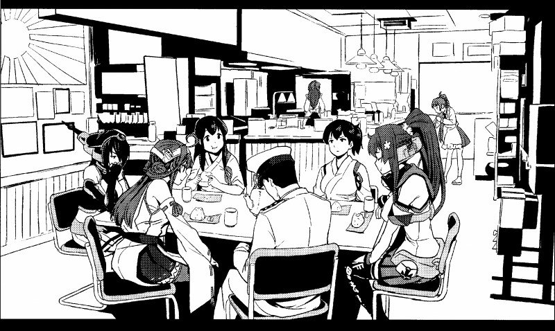 1boy 6+girls admiral_(kantai_collection) akagi_(kantai_collection) avengers chair counter cup double_bun eating flag food greyscale hat headgear indoors irako_(kantai_collection) japanese_clothes kaga_(kantai_collection) kantai_collection kongou_(kantai_collection) long_hair mamiya_(kantai_collection) military military_uniform monochrome multiple_girls nagato_(kantai_collection) naval_uniform onigiri parody peaked_cap ponytail restaurant rising_sun side_ponytail sitting sunburst table uniform watanore yamato_(kantai_collection) yunomi