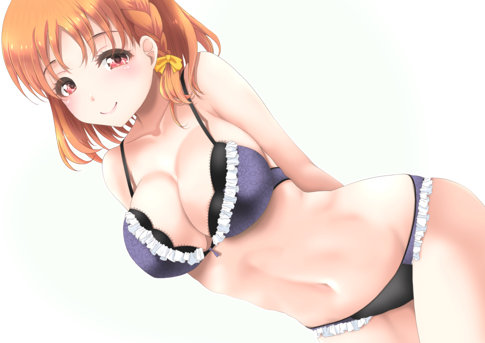 1girl arms_behind_back ascii_media_works bikini breasts brown_hair bushiroad cleavage cute dutch_angle frapowa groin large_breasts love_live! love_live!_school_idol_project navel panties red_eyes short_braid short_hair smile solo swimsuit takami_chika thighs underwear white_background