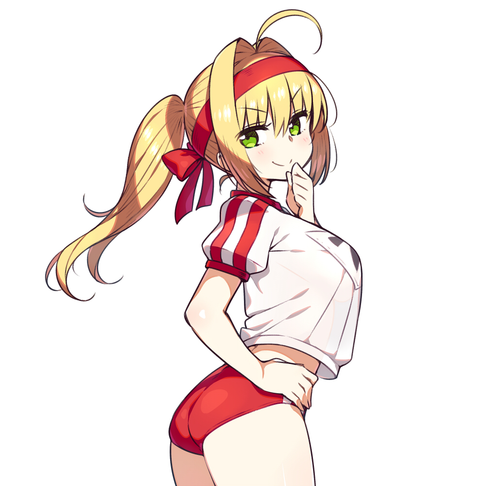 1girl ahoge alternate_hairstyle ass blonde_hair breasts buruma chan_co closed_mouth cowboy_shot crop_top crop_top_overhang eyebrows_visible_through_hair fate/grand_order fate_(series) from_side green_eyes gym_uniform hair_intakes hand_on_hip hand_to_own_mouth headband high_ponytail large_breasts long_hair nero_claudius_(fate) nero_claudius_(fate)_(all) ponytail see-through_silhouette simple_background smile solo v-shaped_eyebrows white_background