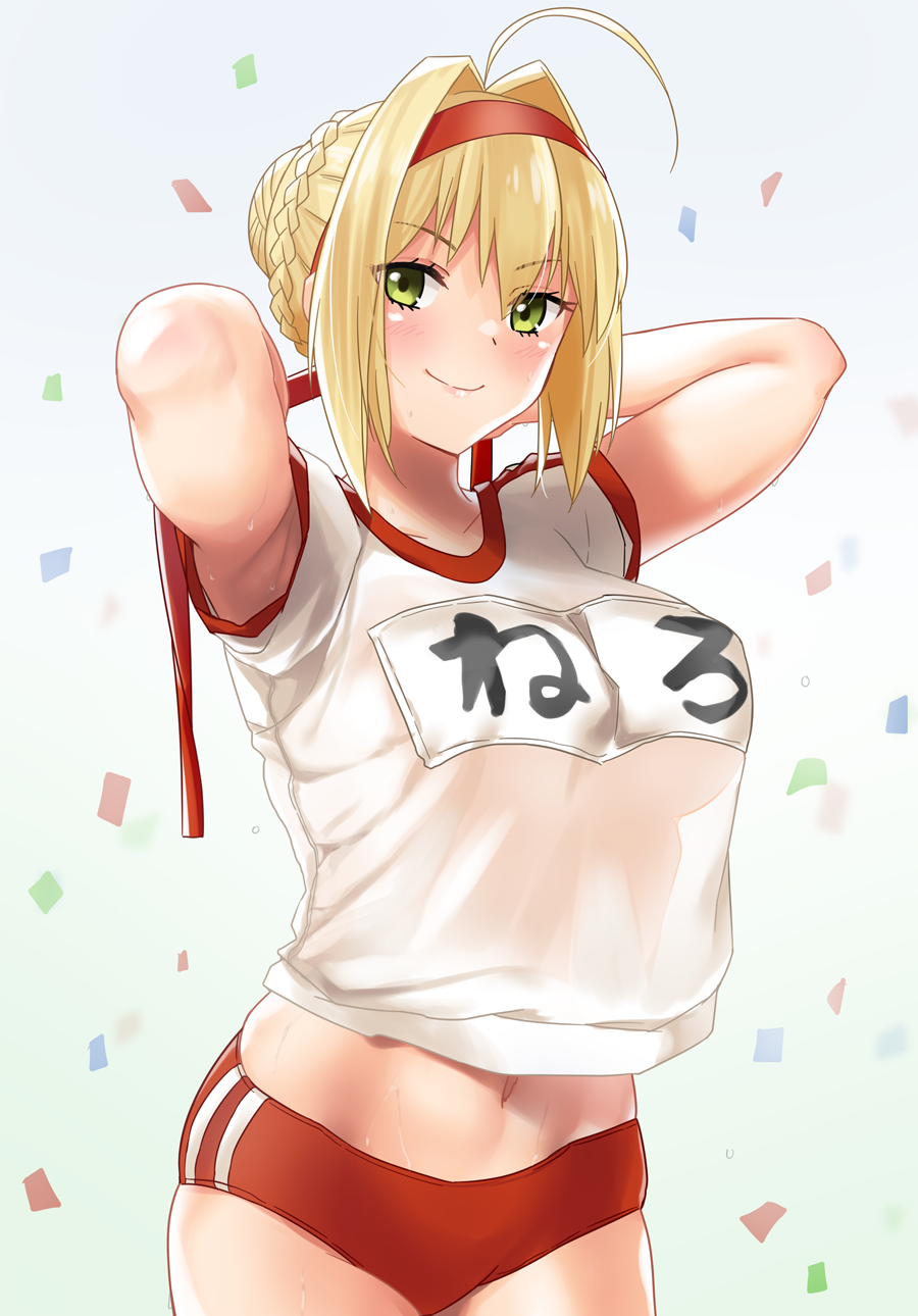 &gt;:) 1girl ahoge armpits arms_up bangs blonde_hair blush braid breasts buruma closed_mouth confetti cowboy_shot eyebrows_visible_through_hair fate/grand_order fate_(series) gachou gradient gradient_background green_eyes grey_background gym_shirt gym_uniform hair_bun hair_intakes hairband highres large_breasts looking_at_viewer name_tag navel nero_claudius_(fate) nero_claudius_(fate)_(all) red_buruma red_hairband see-through shirt short_hair short_sleeves smile solo stomach sweat v-shaped_eyebrows white_shirt