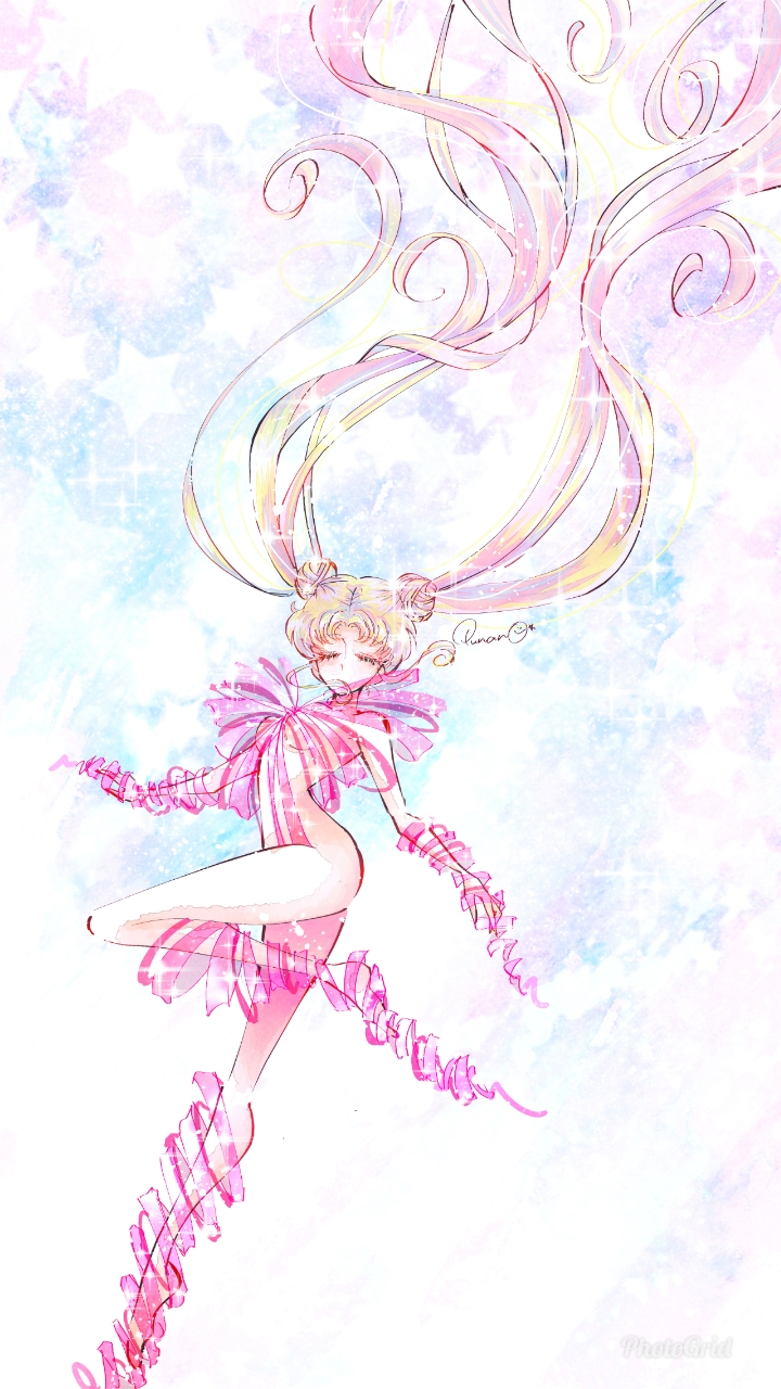 1girl bangs bishoujo_senshi_sailor_moon blonde_hair breasts closed_eyes double_bun floating_hair henshin highres long_hair medium_breasts naked_ribbon no_mouth parted_bangs pink_ribbon punano ribbon signature solo star starry_background tsukino_usagi twintails