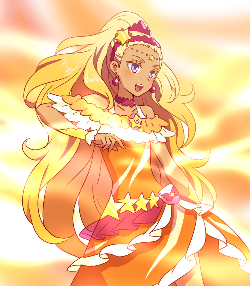 1girl :d amamiya_erena blonde_hair choker collarbone cure_soleil dark_skin dress earrings hair_ornament hairband highres jewelry long_hair open_mouth orange_dress precure print_dress red_hairband side_slit sleeveless sleeveless_dress smile solo standing star star_hair_ornament star_twinkle_precure umetofu very_long_hair violet_eyes