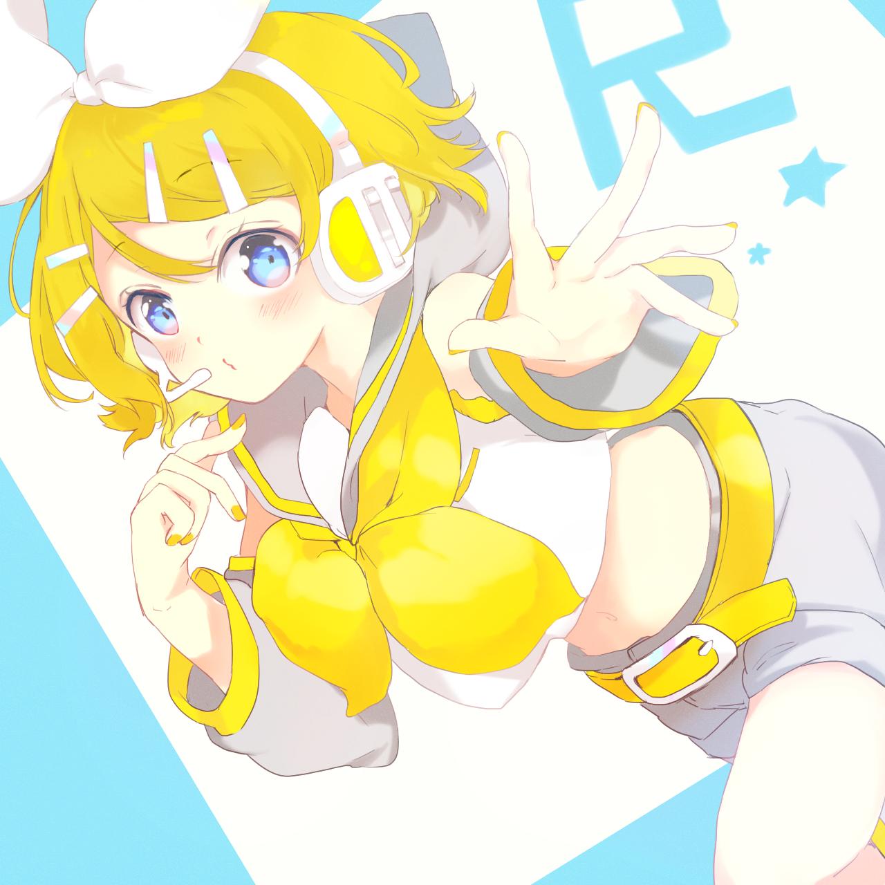 1girl bare_shoulders belt blonde_hair blue_eyes blush bow crop_top detached_sleeves dutch_angle eyebrows_visible_through_hair hair_bow hair_ornament hairclip headphones headset highres kagamine_rin leg_warmers midriff nail_polish navel o3o outstretched_hand oyamada_gamata puckered_lips sailor_collar shirt short_hair shorts sleeveless sleeveless_shirt vocaloid yellow_nails