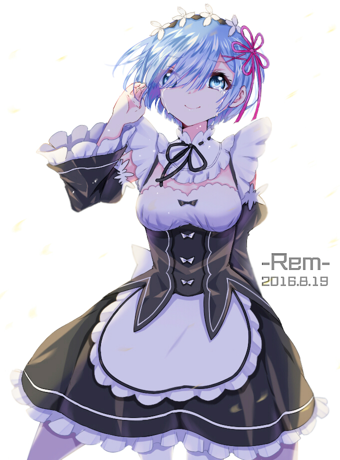 1girl 2016 apron black_bow black_ribbon black_skirt black_sleeves blue_eyes blue_hair bow bustier character_name choker cowboy_shot dated detached_sleeves eyebrows_visible_through_hair eyes_visible_through_hair floating_hair flower frilled_apron frilled_skirt frilled_sleeves frills hair_between_eyes hair_flower hair_ornament hair_over_one_eye hair_ribbon head_wreath lixiao_lang long_sleeves looking_at_viewer medium_skirt multiple_girls neck_ribbon re:zero_kara_hajimeru_isekai_seikatsu red_ribbon rem_(re:zero) ribbon shiny shiny_hair short_hair simple_background skirt solo standing waist_apron white_apron white_background white_flower white_legwear x_hair_ornament