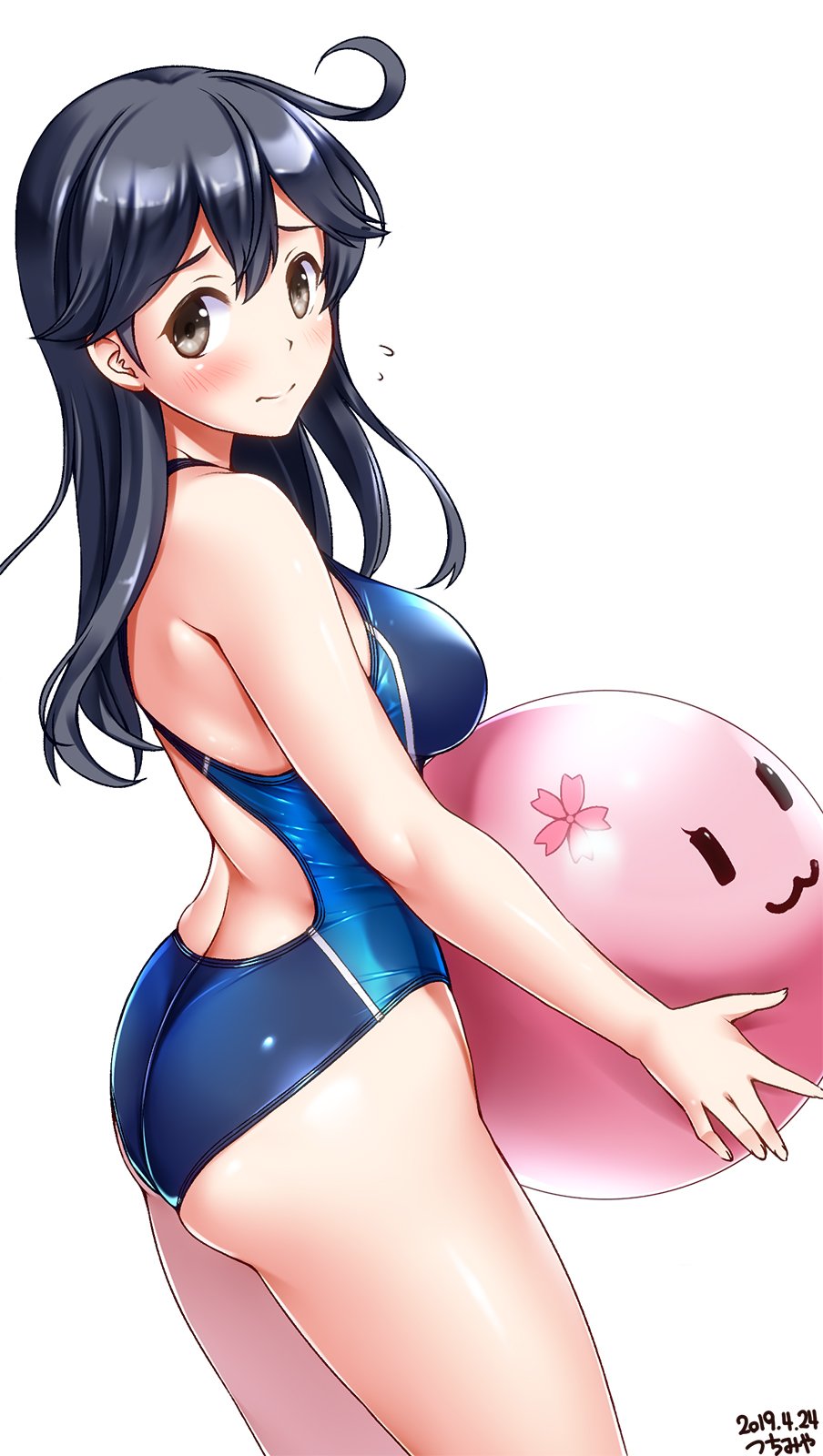 1girl ahoge alternate_costume artist_name ass ball beach beachball black_hair blue_swimsuit blush brown_eyes commentary_request competition_swimsuit cowboy_shot dated disconnected_mouth embarrassed flying_sweatdrops highres kantai_collection long_hair looking_at_viewer one-piece_swimsuit simple_background solo standing swimsuit tsuchimiya ushio_(kantai_collection) white_background