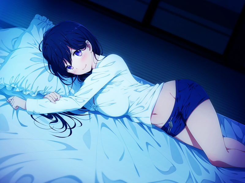 1girl bangs black_hair blue_shorts blush boyshorts breast_press breasts closed_mouth commentary_request dutch_angle emoi_do eyebrows_visible_through_hair feet_out_of_frame futon indoors large_breasts long_hair long_sleeves looking_at_viewer lying navel night on_bed on_side original pillow shirt shorts smile solo tareme tatami violet_eyes white_shirt