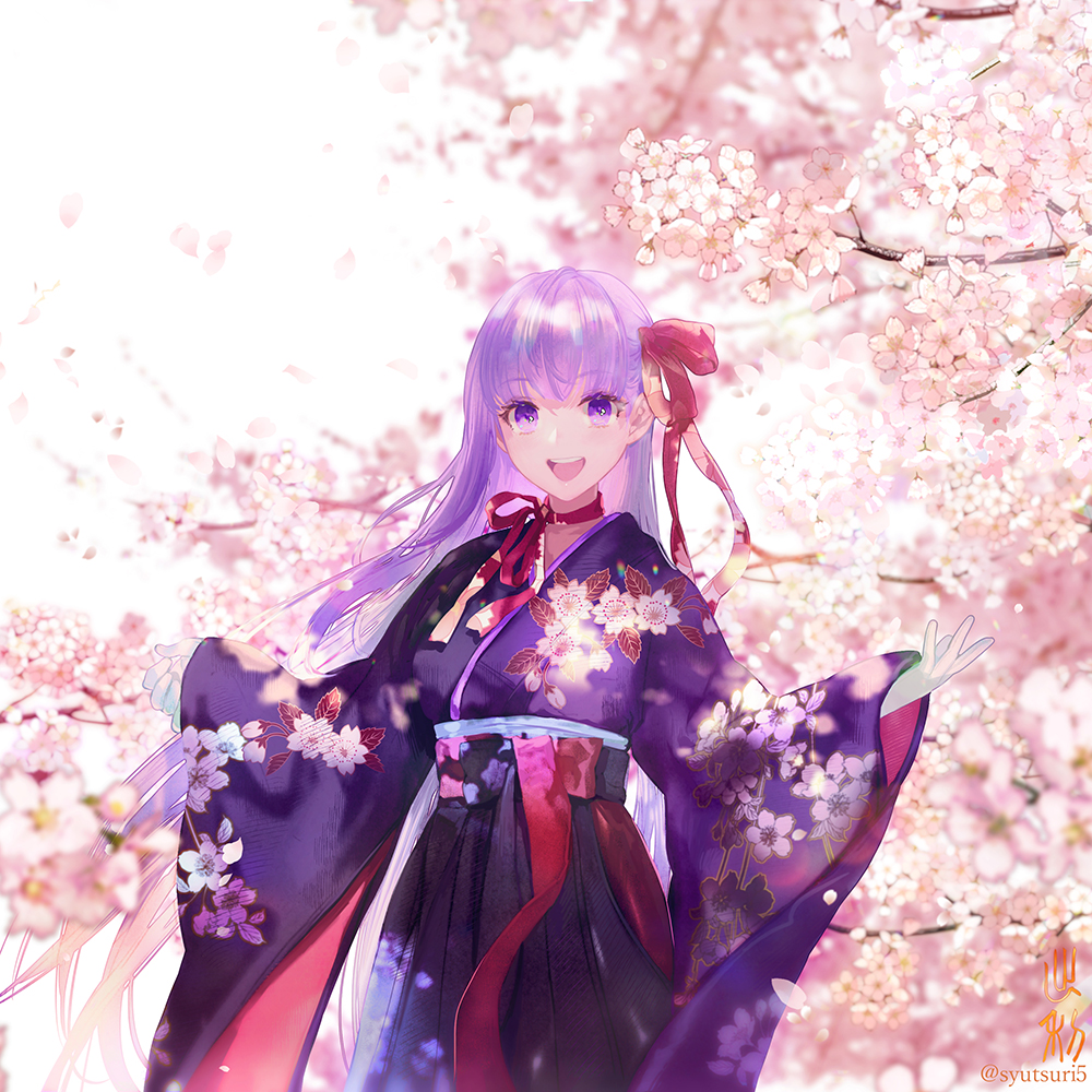 1girl :d bangs bb_(fate)_(all) bb_(fate/extra_ccc) blurry blush bow cherry_blossoms commentary_request cowboy_shot day depth_of_field eyebrows_visible_through_hair fate/grand_order fate_(series) floral_print hakama japanese_clothes kimono long_hair long_sleeves looking_at_viewer open_mouth outdoors pink_bow print_kimono purple_hair purple_hakama purple_kimono round_teeth shutsuri sleeves_past_wrists smile solo spring_(season) teeth tree twitter_username upper_teeth very_long_hair violet_eyes wide_sleeves