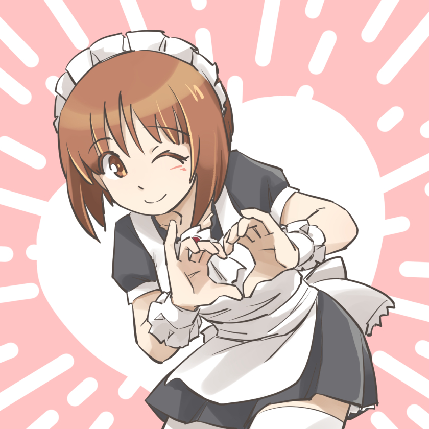 1girl ;) alternate_costume apron bangs black_dress brown_eyes brown_hair closed_mouth commentary dress emphasis_lines enmaided eyebrows_visible_through_hair girls_und_panzer heart heart_hands leaning_forward leaning_to_the_side looking_at_viewer maid maid_apron maid_headdress nishizumi_miho one_eye_closed pink_background puffy_short_sleeves puffy_sleeves short_dress short_hair short_sleeves smile solo standing tewarusa thigh-highs white_apron white_legwear