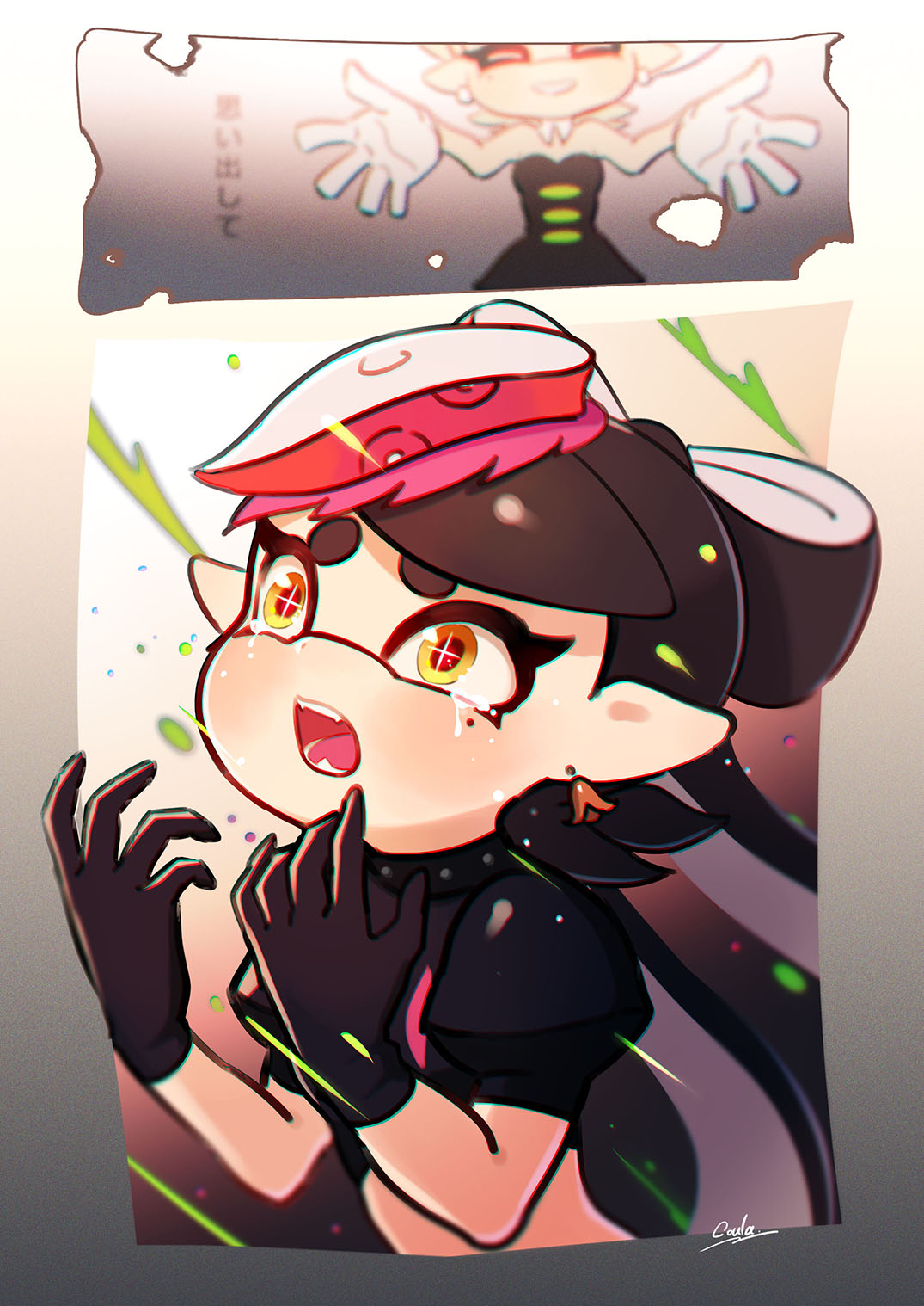 +_+ 1girl 2koma aori_(splatoon) artist_name black_dress black_gloves black_hair black_shirt brown_eyes closed_eyes collar comic commentary coula_cat cousins crop_top crying crying_with_eyes_open detached_collar domino_mask dress earrings fangs food food_on_head frown gloves grey_hair grin highres hotaru_(splatoon) jewelry long_hair mask mole mole_under_eye nintendo object_on_head open_mouth outstretched_arms pointy_ears puffy_short_sleeves puffy_sleeves shirt short_sleeves signature smile solo spiked_collar spikes splatoon splatoon_(series) splatoon_1 splatoon_2 strapless strapless_dress tako-san_wiener tears tentacle_hair upper_body white_gloves