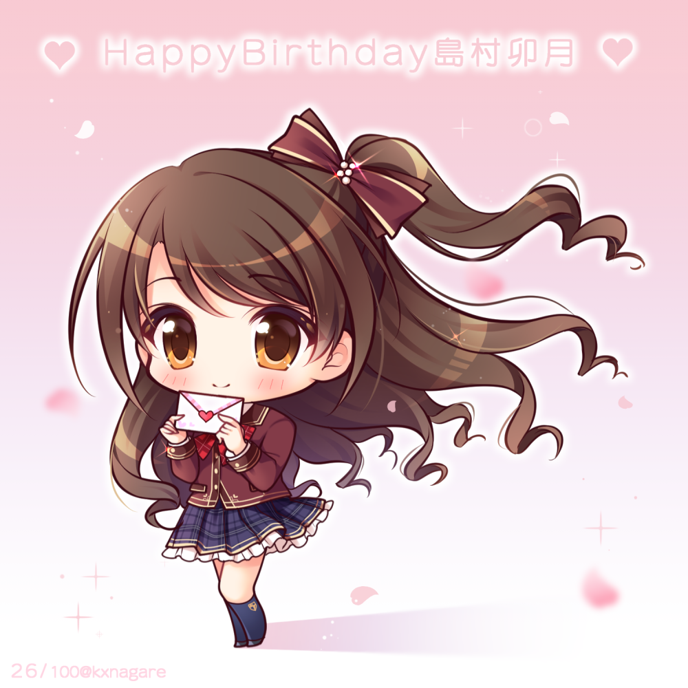 1girl black_footwear blue_skirt blush bow brown_bow brown_eyes brown_hair brown_jacket character_name chibi closed_mouth commentary_request envelope floating_hair frilled_skirt frills full_body hair_bow happy_birthday heart holding holding_envelope idolmaster idolmaster_cinderella_girls idolmaster_cinderella_girls_starlight_stage jacket kneehighs letter long_hair long_sleeves love_letter navy_blue_legwear one_side_up petals plaid plaid_skirt pleated_skirt ryuuka_sane shimamura_uzuki skirt smile solo standing twitter_username very_long_hair