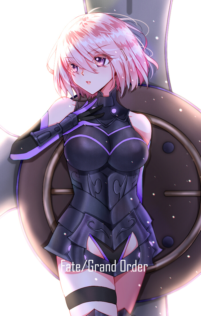 1girl armored_leotard black_leotard breasts breasts_apart copyright_name cowboy_shot elbow_gloves eyebrows_visible_through_hair fate/grand_order fate_(series) faulds gloves hair_between_eyes large_breasts leotard lixiao_lang mash_kyrielight open_mouth pink_hair shiny shiny_hair short_hair simple_background solo thigh_strap violet_eyes white_background