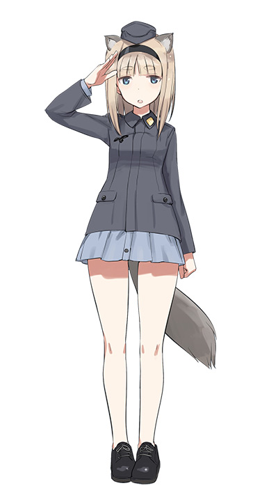 1girl animal_ears blue_eyes brown_hair eyebrows_visible_through_hair full_body garrison_cap hat headband idol_witches looking_at_viewer maria_magdalena_dietrich medium_hair military military_uniform open_mouth pocket salute shimada_fumikane shoes simple_background solo squirrel_ears squirrel_tail standing tail uniform world_witches_series
