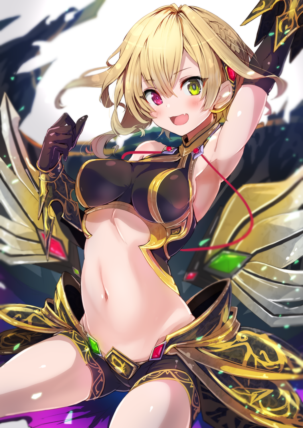 1girl :d arm_up armor armpits bare_shoulders black_gloves black_shorts blonde_hair blurry blush braid breasts charlotte_(shironeko_project) commentary_request crop_top depth_of_field elbow_gloves fang faulds french_braid fuku_kitsune_(fuku_fox) gauntlets gloves gold_trim green_eyes groin hair_ornament hand_up heterochromia highres large_breasts looking_at_viewer midriff navel open_mouth red_eyes shironeko_project short_hair short_shorts shorts sidelocks sleeveless smile solo stomach string thighs waist_cape white_background