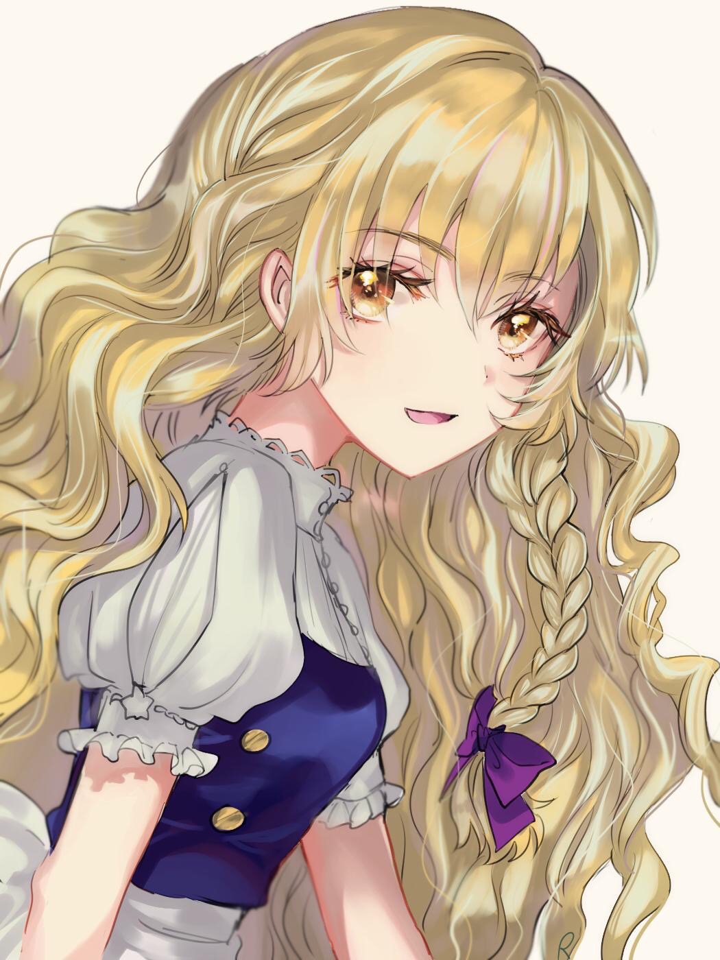1girl :d apron bangs black_vest blonde_hair bow braid breasts commentary_request eyebrows_visible_through_hair eyelashes hair_between_eyes hair_bow highres kirisame_marisa long_hair looking_at_viewer medium_breasts no_hat no_headwear open_mouth puffy_short_sleeves puffy_sleeves purple_bow rosette_(roze-ko) shirt short_sleeves simple_background single_braid smile solo touhou upper_body vest waist_apron white_apron white_background white_shirt yellow_eyes