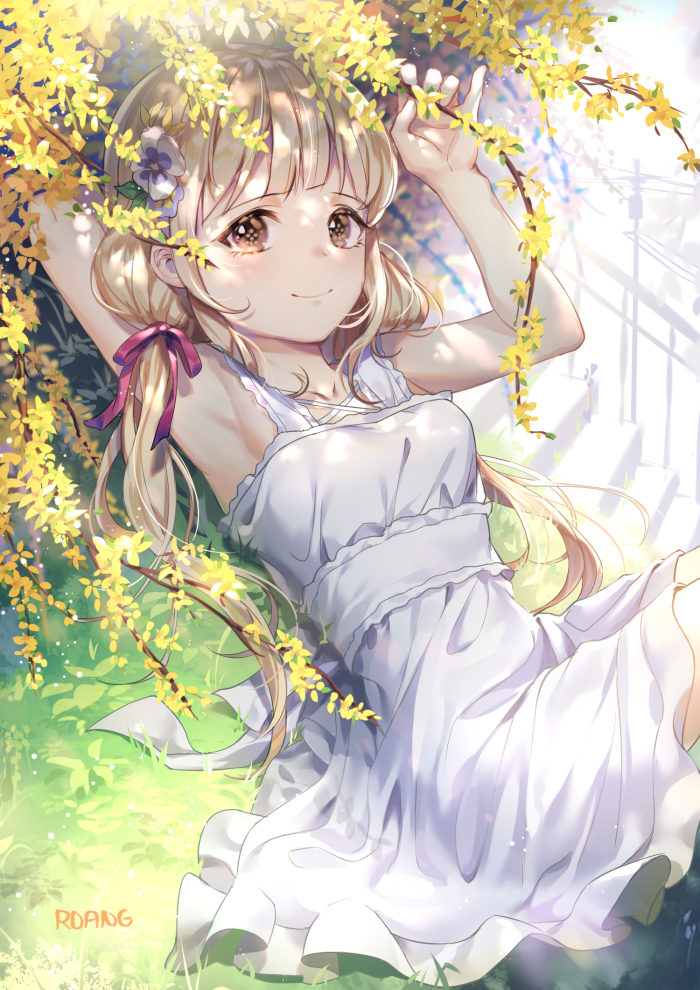 1girl arm_up armpits artist_name bangs blunt_bangs blush breasts brown_eyes closed_mouth collarbone dappled_sunlight day dress eyebrows_visible_through_hair from_side futaba_anzu hair_ribbon idolmaster idolmaster_cinderella_girls knees_up long_hair looking_at_viewer looking_to_the_side low_twintails lying on_back outdoors pink_ribbon ribbon roang sleeveless sleeveless_dress small_breasts smile solo stairs sunlight symbol_commentary tareme twintails white_dress