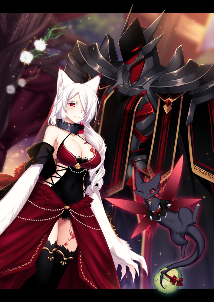 2others animal_ears armor black_armor black_collar black_legwear bow breasts cleavage collar detached_sleeves dress flower formal fur glowing glowing_eyes hair_over_one_eye indoors konshin large_breasts multiple_others one_eye_closed pixiv_fantasia pixiv_fantasia_last_saga red_bow red_collar red_eyes standing suit thigh-highs white_hair wings