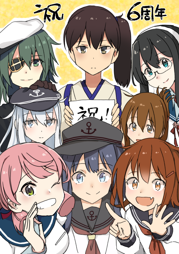 6+girls akashi_(kantai_collection) akatsuki_(kantai_collection) anchor_symbol anniversary black_hair black_headwear black_sailor_collar blue_eyes brown_eyes brown_hair commentary_request eyepatch fang flat_cap green_eyes green_hair hair_ribbon hairband hand_on_another's_head hat hibiki_(kantai_collection) ikazuchi_(kantai_collection) inazuma_(kantai_collection) japanese_clothes kaga_(kantai_collection) kantai_collection kiso_(kantai_collection) long_hair looking_at_viewer masukuza_j multiple_girls ooyodo_(kantai_collection) open_mouth pink_hair remodel_(kantai_collection) ribbon sailor_collar sailor_hat school_uniform semi-rimless_eyewear serafuku short_hair side_ponytail silver_hair skin_fang smile tasuki tress_ribbon under-rim_eyewear upper_body yellow_background