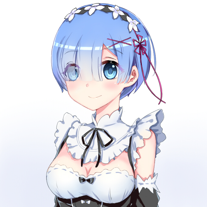 1girl black_bow black_ribbon black_sleeves blue_eyes blue_hair blush bow breasts choker cleavage detached_sleeves eyebrows_visible_through_hair eyes_visible_through_hair flower hair_between_eyes hair_flower hair_ornament hair_over_one_eye hair_ribbon head_wreath lixiao_lang looking_at_viewer medium_breasts multiple_girls neck_ribbon re:zero_kara_hajimeru_isekai_seikatsu red_ribbon rem_(re:zero) ribbon shiny shiny_hair short_hair simple_background smile upper_body white_background white_bow white_flower